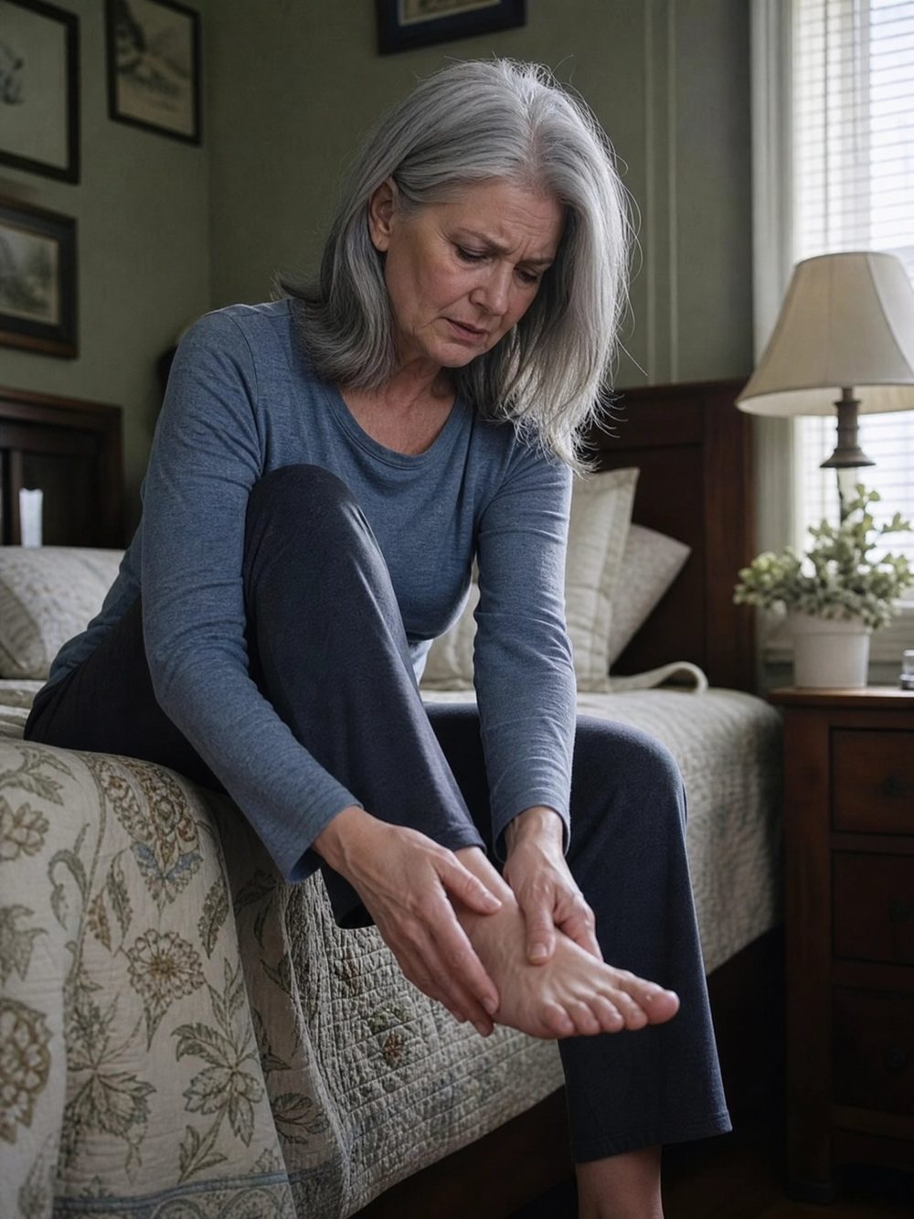 A woman sitting on the edge of her bed at night, holding her foot