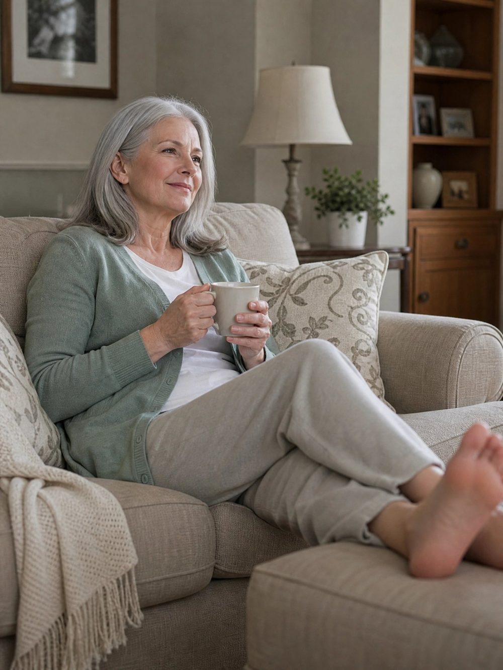 Margaret relaxing comfortably at home with a warm drink, feet up