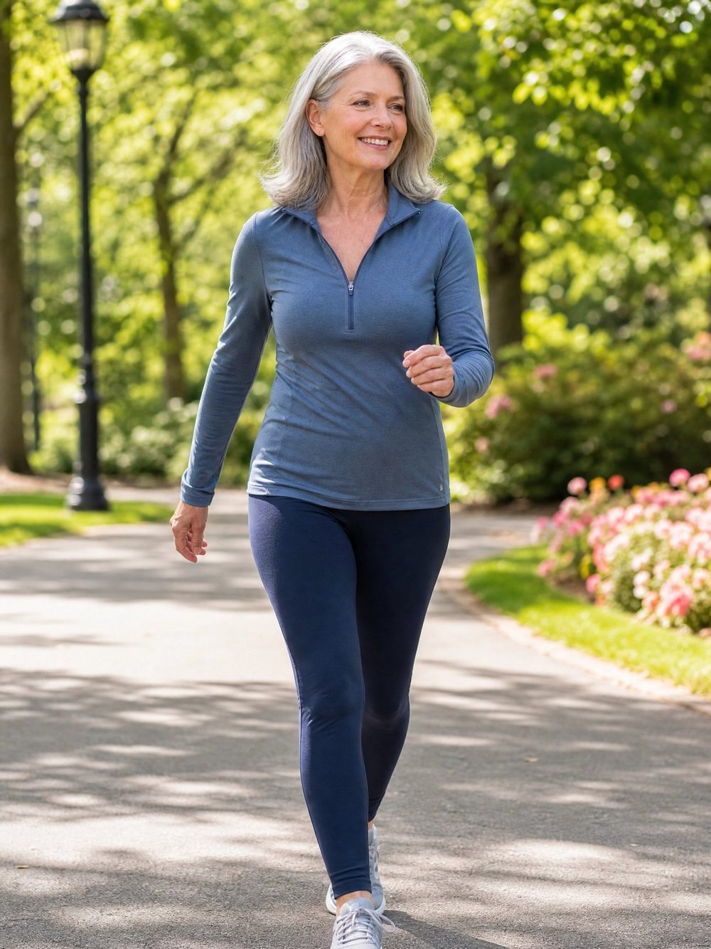 Margaret walking outdoors in a park, smiling
